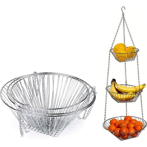 Home Kitchen Metal Vegetable Storage Organizer Three Layers Metal Fruit Hanging Baskets Foldable Storage Hanger Rack