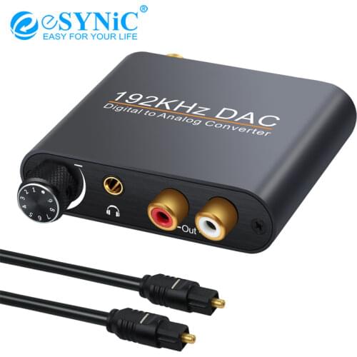 ESYNiC 192KHZ DAC Digital to Analog Audio Converter With Volume Control Optical Coaxial Toslink to Stereo L/R RCA 3.5mm Adapter