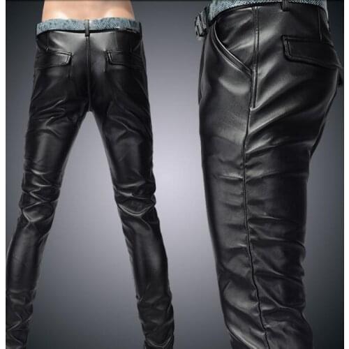 Personality men faux leather pants motorcycle pant men feet trousers fashion pantalon homme plus velvet thickening black casual