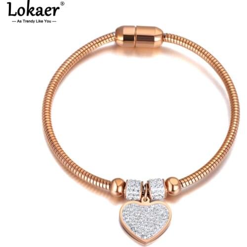 Lokaer Trendy Heart Charm Bracelet Bangle With Magnet Clasp Bohemia Stainless Steel CZ Crystal Bracelet Jewelry For Women B21009