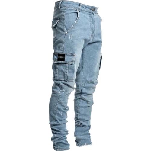 Men Casual Pants Cotton Denim Trousers Multi Pocket Jeans Male Fashion Chunky Pencil Pants Side Pockets Cargo Cool Street Pants
