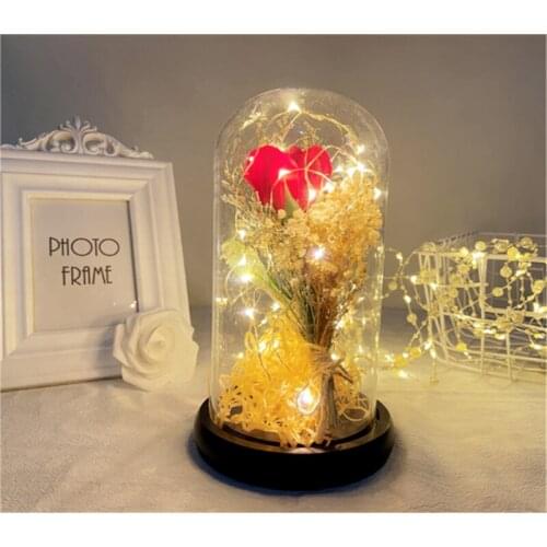 Tabletop Display Glass Dome Decor Dry Rose Flower Sea Lavender Babysbreath Handmade Aromatherapy diffuser with LED copper Light
