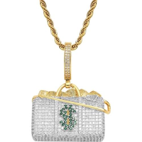 New Iced Out Bling Hip Hop Jewelry Dollar Sign Bag Charm Pendant Micro Paved CZ Stone Cash Coins Brass Pendant Necklace Choker