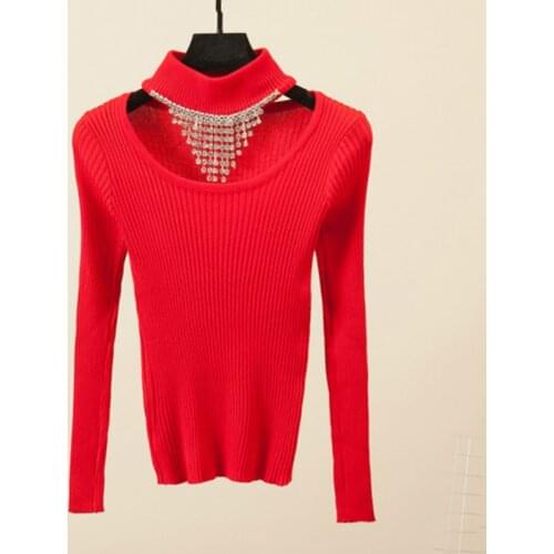 2020 Autumn Sexy Long Sleeve O Neck Knitted Sweaters Women Diamond Necklace Knitted Pullovers Women Rhinestone Tops Knitwear