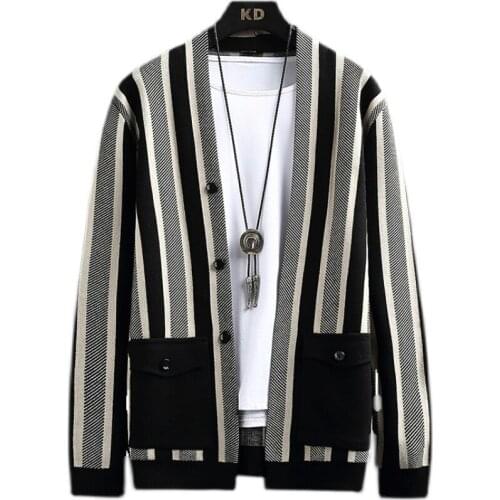 2021 Autumn & Winter New Style Fashion Cardigan Sweater Mens Jacket Casual Slim V-neck Color Panel Male Coat M-3XL