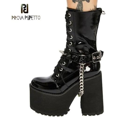 Autumn and Winter New Thick High-heeled Metal Chain Rivet Waterproof Platform Belt Buckle Side Zipper Black Martin Boots