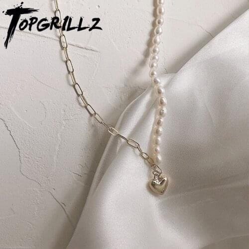 TOPGRILLZ Half Pearl And Half Chain Pendant Necklace Love Necklac Personality Fashion Clavicle Chain For Gift
