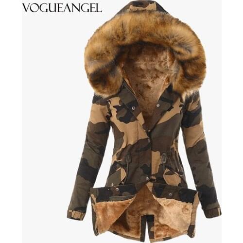 Coats and Jackets Women Fur Collar Drawstring Camouflage Printed Casual Warm Cotton Coat Ladies Winter Jackets Solid Color S-3XL