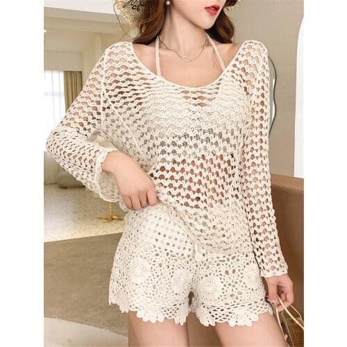 Sexy Chrochet Bikini Women Mesh Solid Swimwear High Waist Swimsuit Long Sleeve Biquini Tassel Bohe Hollow WhiteBathing Suit Pads