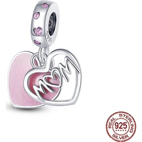 Silver Dangle Charm 925 Sterling Silver Mum Mom Script Heart Beads Charm Fit Original Pan Bracelet Pendant Necklace Jewelry