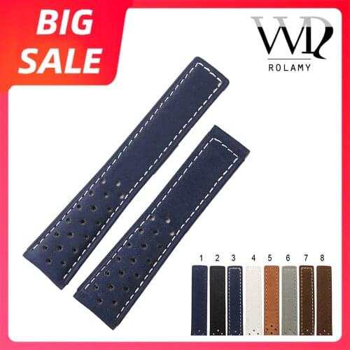 Rolamy Watch Band 20 22mm Blue Grey White Real Calf Leather Suede VINTAGE Replacement Wrist Leather Watch Strap For Tag Heuer