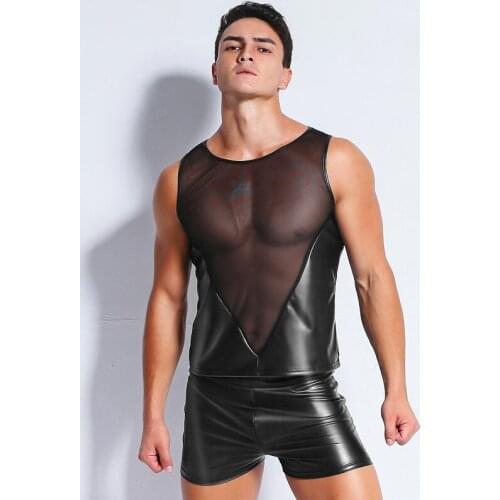 Sexy Lingerie EUROPE SEXY PVC RUBBER LATEX MENS T SHIRT EROTIC GAY VEST Pants Set X6734