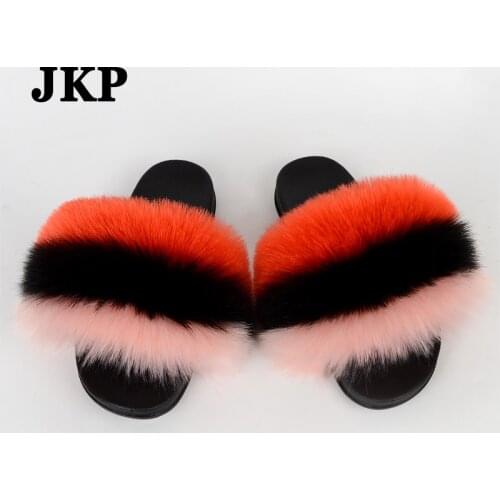 Faux Fox Fur Slippers Summer Luxury Womens Home Furry Flat Sandals Indoor Non-Slip Slides Ladies Plush House Shoes TX01
