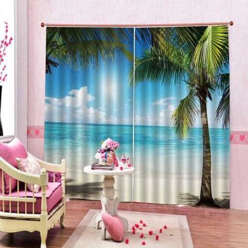 Photo Custom Seaside scenery Curtain Shadow Shade of A Coconut Palm Tree On White Sand Window Drapes For Living Room Bedroom Set