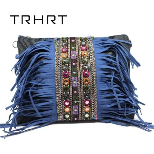 Handmade bag Blue Retro Hippie Designer Womens Gypsy Fringe Bohemian Shoulder Bag Spirit Tassel Cross Body Purse