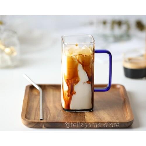 Handmade Heat-resistant Glass Cup Drinkware with Colored Handle and Square Mouth Square Cup Fashion Iced Coffee Cup Microwavable