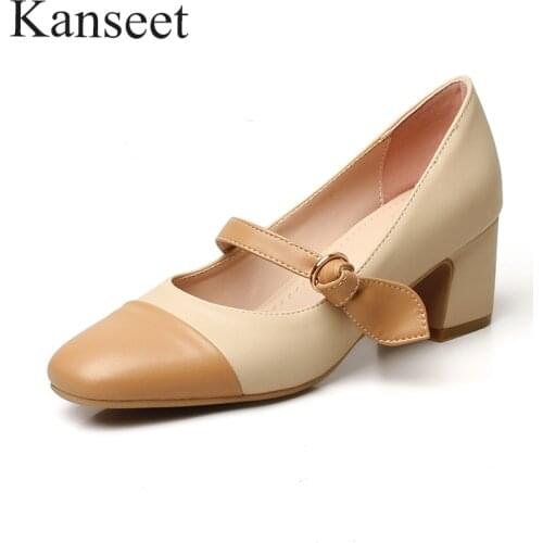 Kanseet Women Shoes Mixed Colors 2021 Spring Summer Round Toe Female Party Dress Shoe Buckle Strap Thick Heels Pumps Big Size 43
