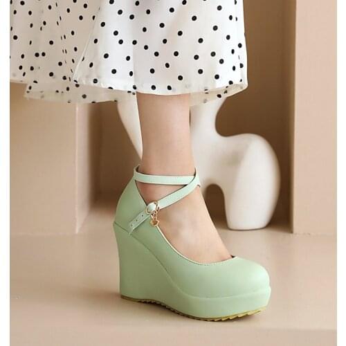 2021 New Fashion Pu Leather Shoes Wedges Pumps Buckle Solid Colors Spring Summer Platform High Heels Partry Shoes