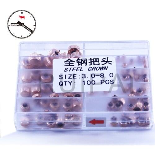 100pcs/box Assort Size Steel Watch Crown parts Rose Godlen Replacement 3mm to 8mm Watch Crown set box