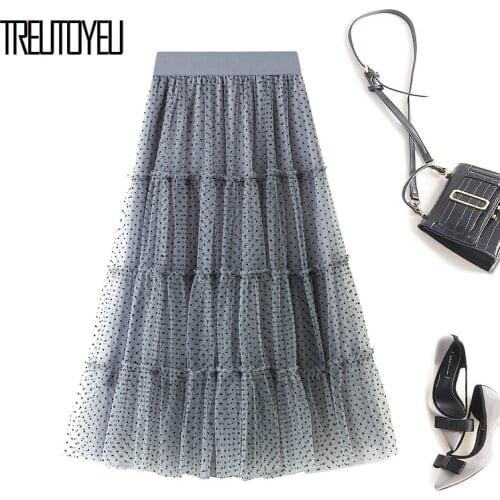 Treutoyeu Cute Polka Dots Tulle Skirt Winter Autumn 2-layer Soft Mesh Elastic High Waist A Line Patchwork Long Skirts for Women
