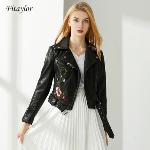 Fitaylor Women Floral Print Embroidery Pu Leather Jacket With Belt Turn-down Collar Faux Soft Motorcycle Coat Casual Outerwear