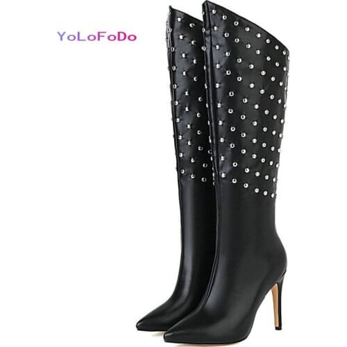 Black Beige Women Knee High Boots PU Leather Pointed Toe Thin High Heel Ladies Calf Boots Sexy Party Back Zipper Womens Boots