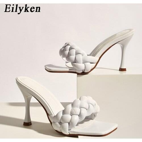 Eilyken 2022 New Women Summer Slides High Quality Weave Open Toe High Heels Casual Slipper Leisure Sandal Female Beach Flip Flop