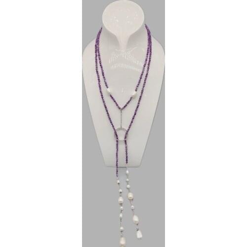 FoLisaUnique 4mm Purple Amethyst Necklace For Women White Gold Filled Beads Cubic Zirconia Loop Baroque Pearls Lariat Necklace