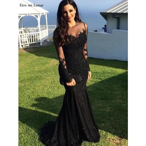 Sexy Mermaid Prom Dress 2020 Black Sweetheart Sweep Train Applique vestidos de verano 2020 Long Sleeves Evening Dresses LE40798