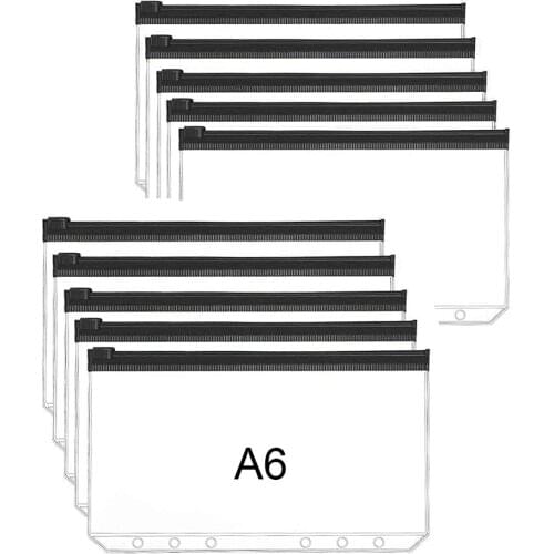 10pcs/Lot A6 Zipper Pouch Loose Leaf 6 Hole PVC Zip Folder for 6-Ring Binder Journal Budget Filing Pockets Waterproof Envelopes