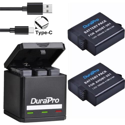 1600mAH Battery For GoPro Hero7 Hero 6 hero 5 + USB 3-Ports Charger with Type C Port for GoPro Hero7 6 hero5 Action Cameras