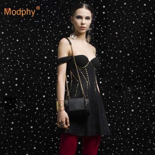 2020 Autumn New Black Bodycon Bandage Dress Sexy Strapless Short Sleeve Lace Stitching Rivet Celebrity Party Mini Dress Vestidos
