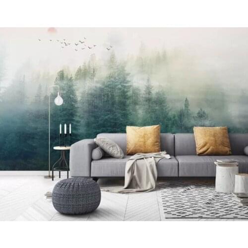 Decorative wallpaper Fog pine cloud far mountain flying bird background wall paper mural