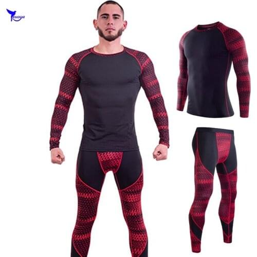 Dry Fit 2 Pieces Breathable Mens Sport Suit Fitness Tights Stretchy Running Set Jogging Training Clothing Long Sleeve Sportswear