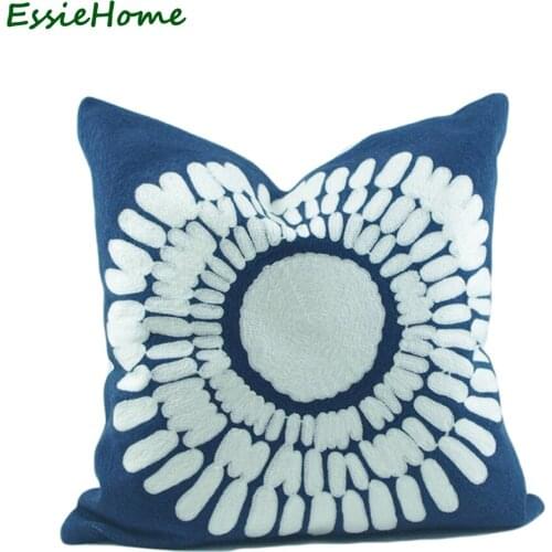 ESSIE HOME 18x18" Cushion Cover Pillow Case Navy Crocheted High End Full Embroidery Modern Classic Throw