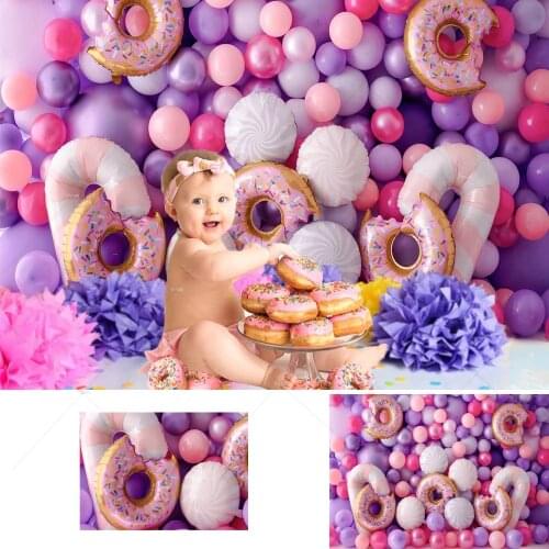 Purple Balloon Wall Backdrop for Photography Candy Donut Lollipop Birthday Photo Background Girls Newborn Portrait Photoshoot
