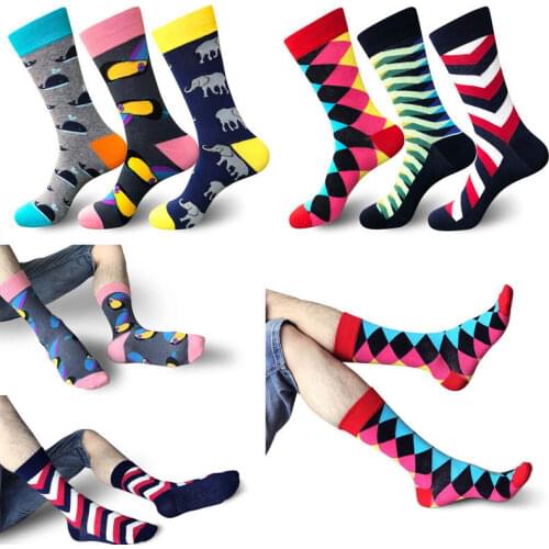 Brand New Mens Happy Socks 6Colors Striped Plaid Diamond Cherry Socks Men Combed Cotton Calcetines Largos Hombre Football Socks