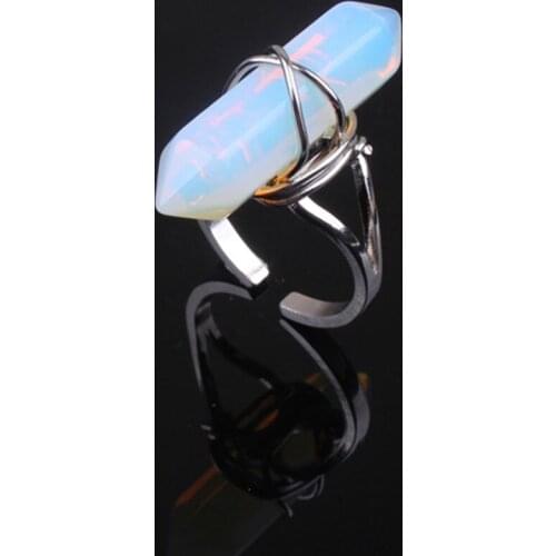 FYJS Unique Silver Plated Wire Wrap Hexagon Column Resizable Finger Ring Opalite Opal Jewelry