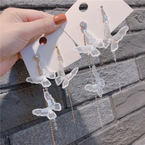 Korean Fashion Women Earring White Lace Butterfly Asymmetric Rhinestone Pear Long Tassel Drop Earrings Hand-Made Embroidery