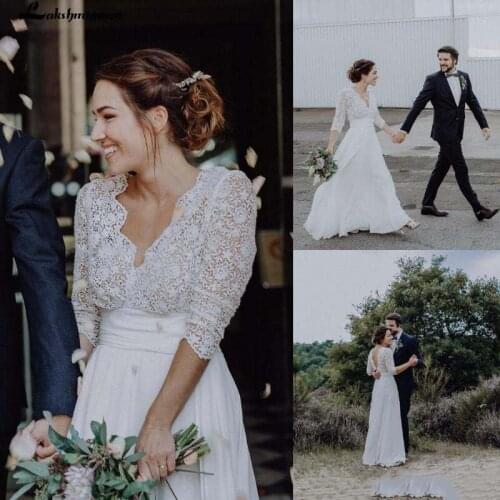Lace Chiffon Country Weding Dresses A Line Sexy Backless Bohemian Beach Boho Bridal Gowns 3/4 Long Sleeves Bride Dress Plus Size