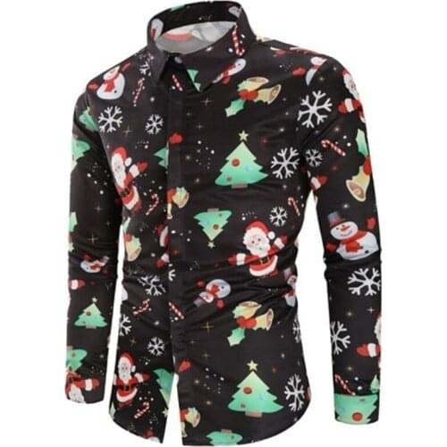 Man Christmas Shirt 3XL Printed Fashion Turn Down Collar Long Sleeves Tops Male Autumn Casual Single Breasted Blouse
