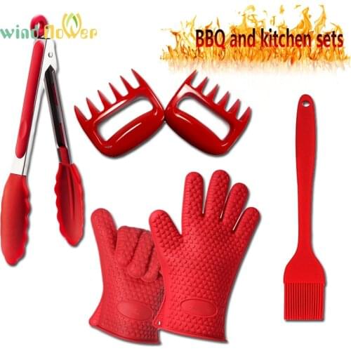 Wind flower BBQ /Cooking Sets silicone Gloves Two Sets Bear Claws Silicone Pastry Brushes Stainless Steel and Silicone Tongs