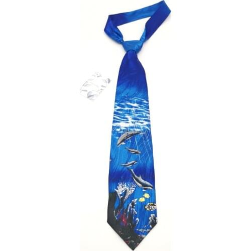 Original Tie Underwater World Silk Tie Blue Casual Hong Kong Style Fashion Cool gift set for women in a box black tie top men