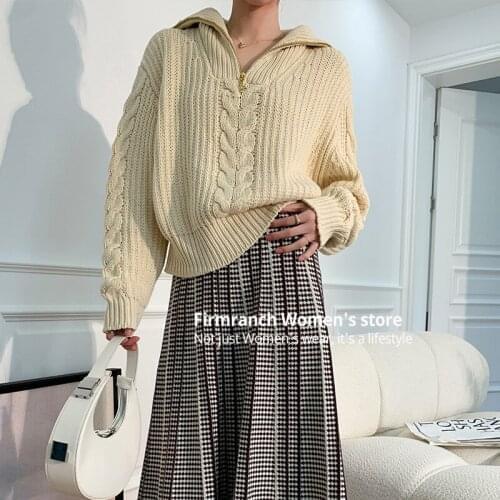 Firmranch 2021 Autumn Cotton Half-Zip Up V Collar Pullover Shirt Apricot Vintage Twist Knitting Sweater Coat Loose Knit Jacket