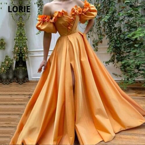 LORIE Fairy Orange Prom Dress Flowers Off Shoulder Short Sleeves Satin Arabic Evening Celebrity Gown Party Dresses for Women