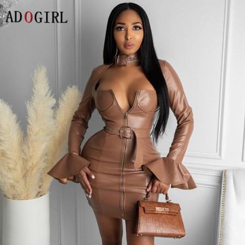 Adogirl Pu Faux Leather Women Long Sleeve Turtleneck Bodycon Mini Dress Bandage Sexy Night Club Fashion Streetwear Ladies