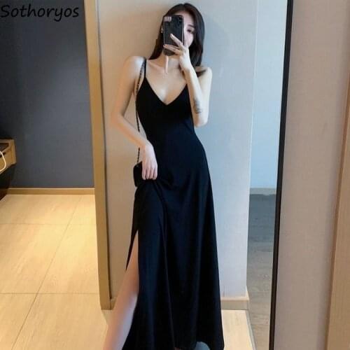 Dresses Women Korean Chic Sexy V-neck Sleeveless Slim Long Backless Vestido Feminino Plus-size 3XL Elegant Vintage Fashion Party