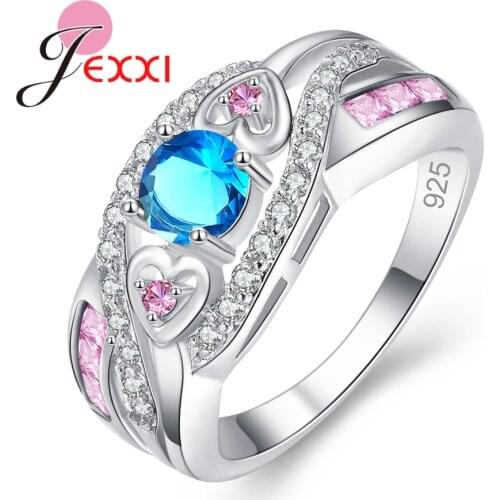 Romantic Bridal Love Finger Rings Big Blue Cubic Zircon Crystal 925 Sterling Silver Jewelry for Women Metal Knuckle Ring Jewelry