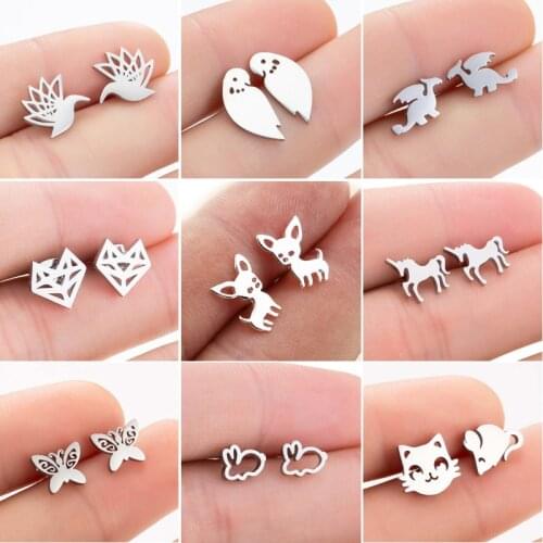 Stainless Steel Stud Earrings for Women Girls Simple Bird Fox Cat Hedgehog Unicorn Earing Jewelry Animal Accessories Gift