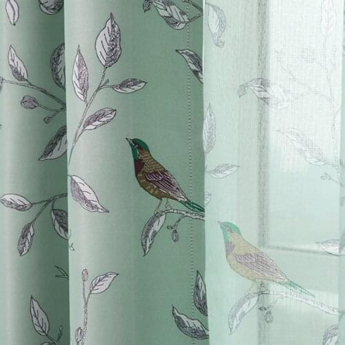 Rustic Flower Bird Blackout Coffee Curtains for Living Room Green Fabric Curtain for Kids Bedroom Cartoon Tulle Curtain